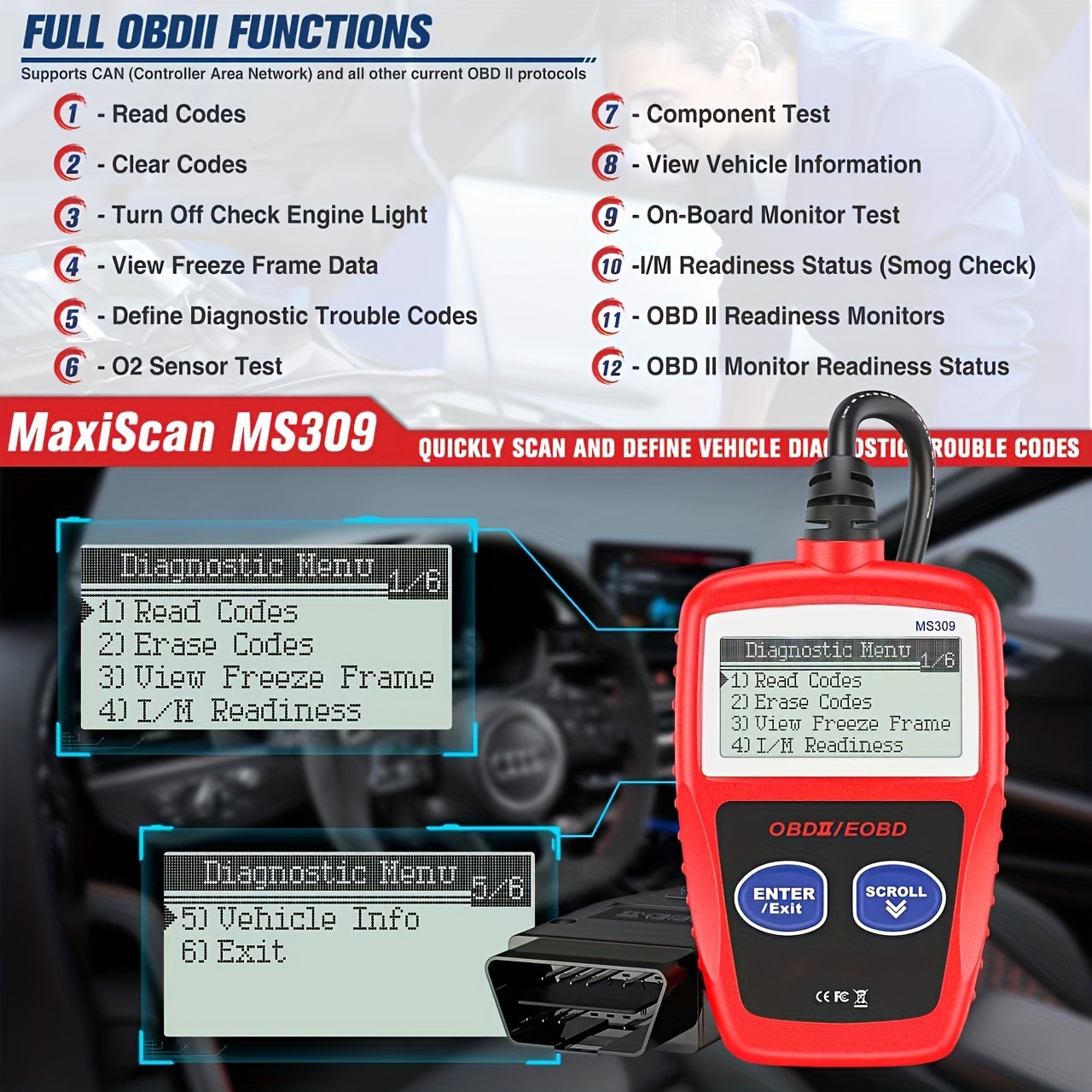 OBD2 Scanner MS309 Universal Car Engine Fault Code Reader, Check Engine ...