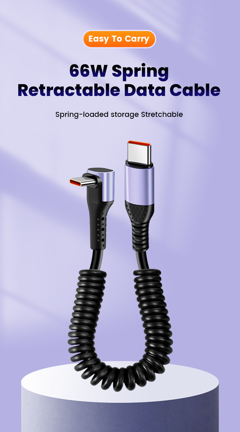 Twitch 66W Car Spring Retractable USB Type C Fast Charging Cable 90 ...