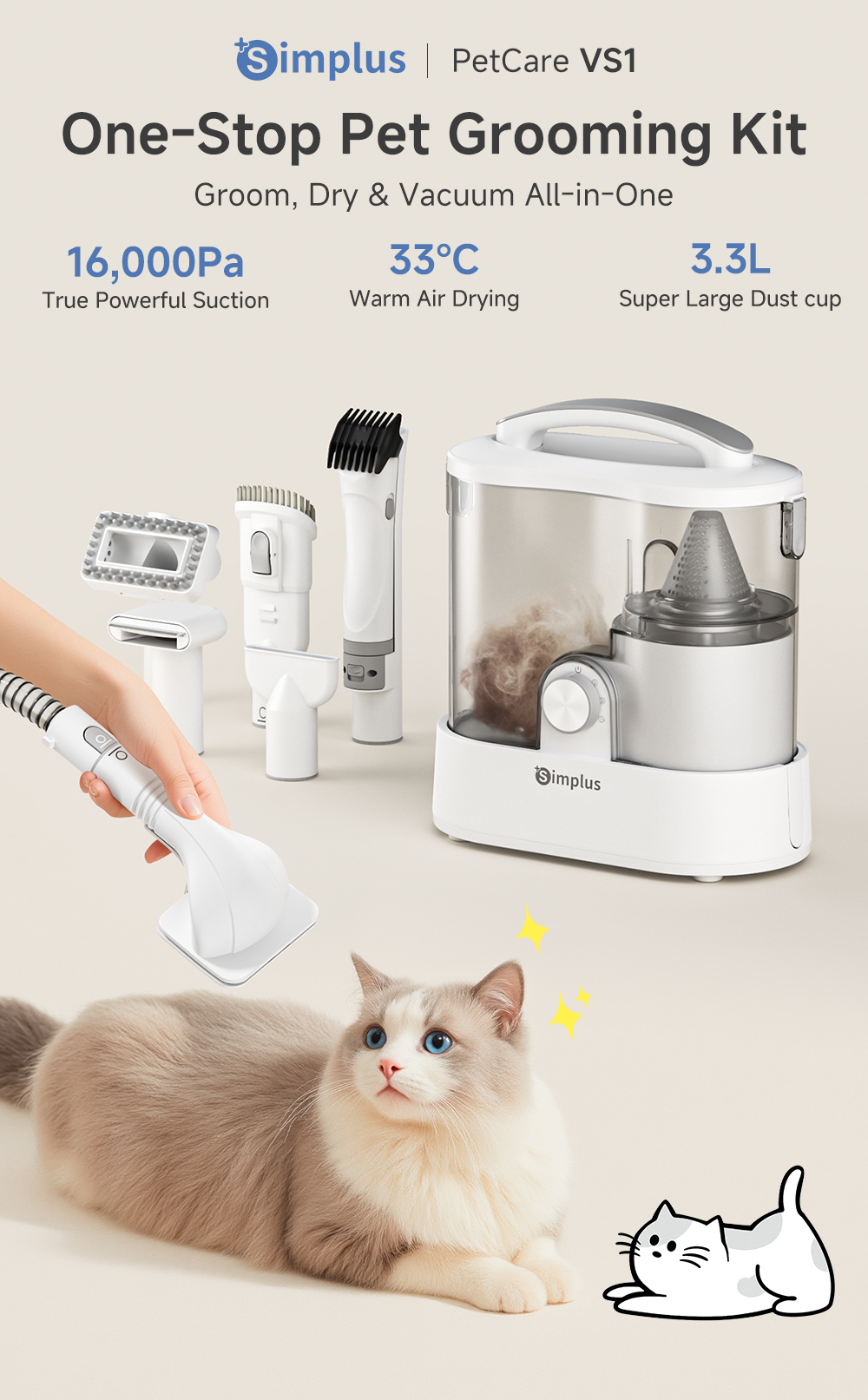 【Pet Friendly】 Simplus Low Noise Pet Grooming Vacuum丨6 Brush Tools丨16 ...