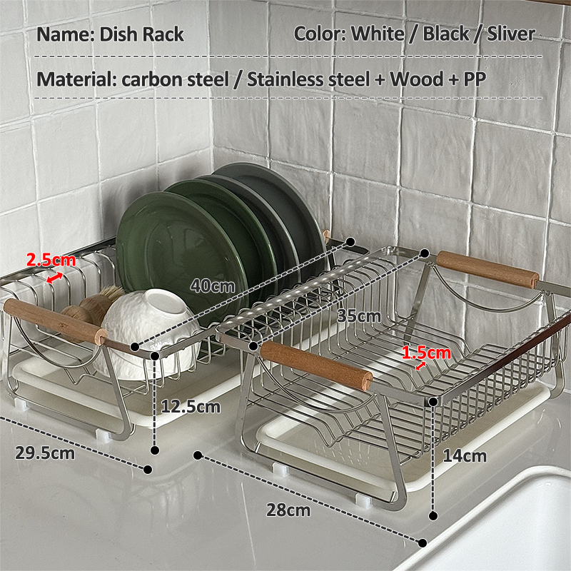 LivinEase Stainless Steel Dish Rack with Wooden Handle and Removable ...
