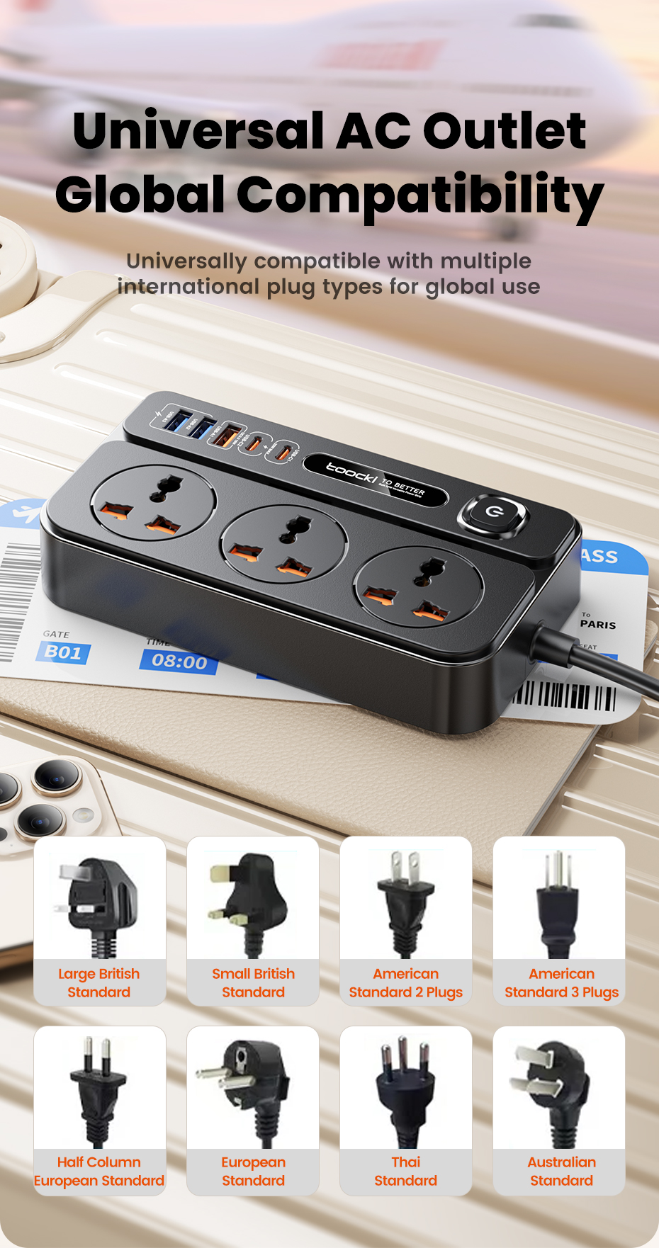 Toocki 8 In 1 US/EU Multi Plug Power Strip AC Outlets Electrical Socket ...