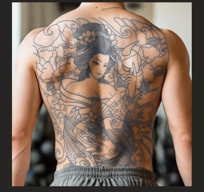 Japanese Geisha Full Back Waterproof Temporary Tattoo Lasts One to Two ...