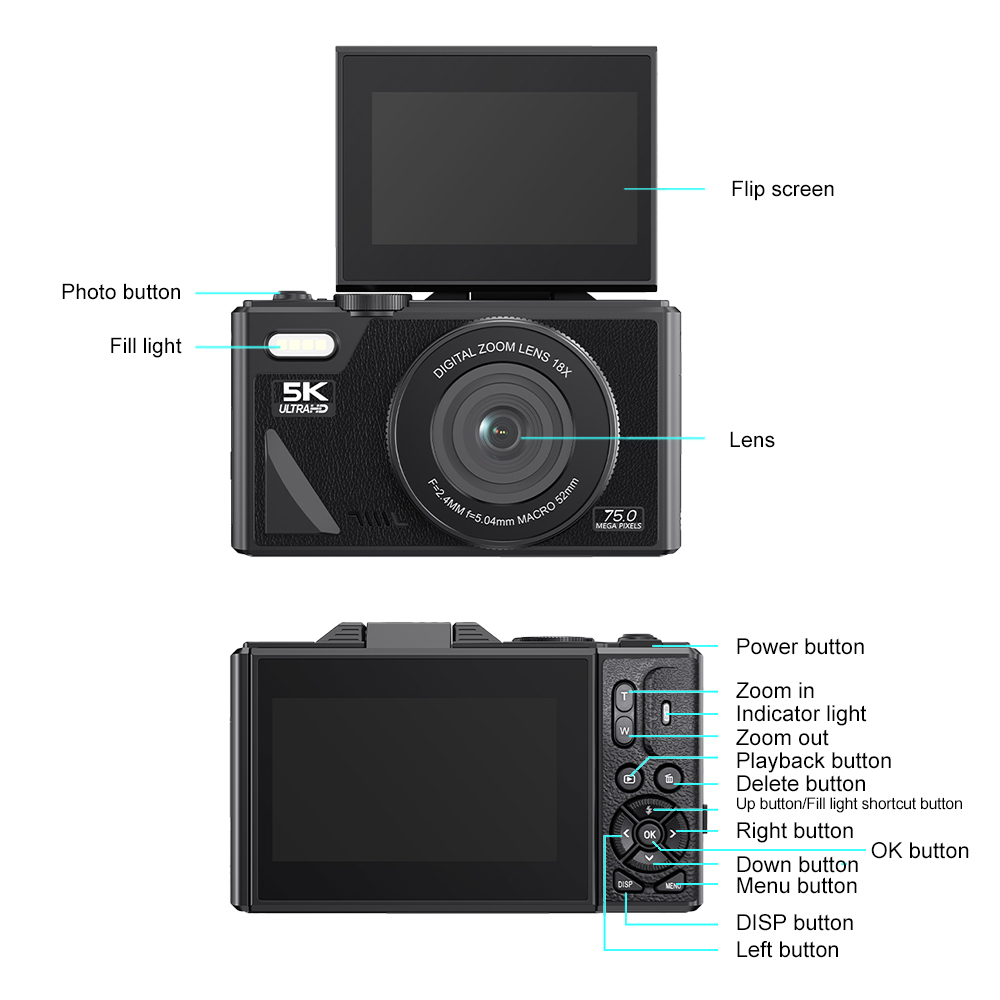 5K Digital Camera 75MP 18X Zoom 180°Flip Screen Portable Camera 5K HD ...
