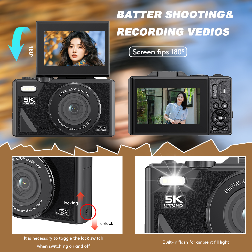 5K Digital Camera 75MP 18X Zoom 180°Flip Screen Portable Camera 5K HD ...