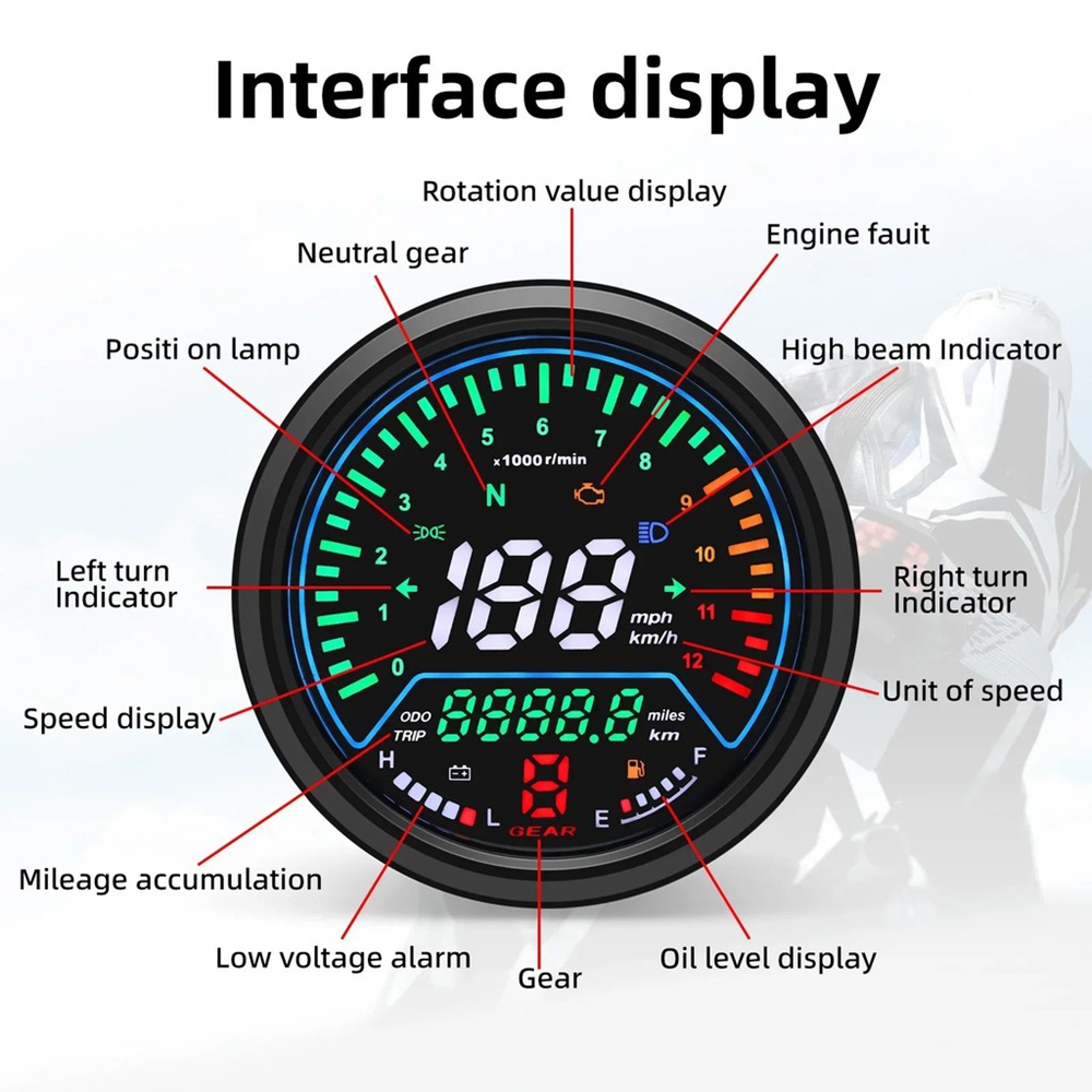 Universal Motorcycle Speedometer with Tachometer, 12000 RPM, KM/H, MPH ...