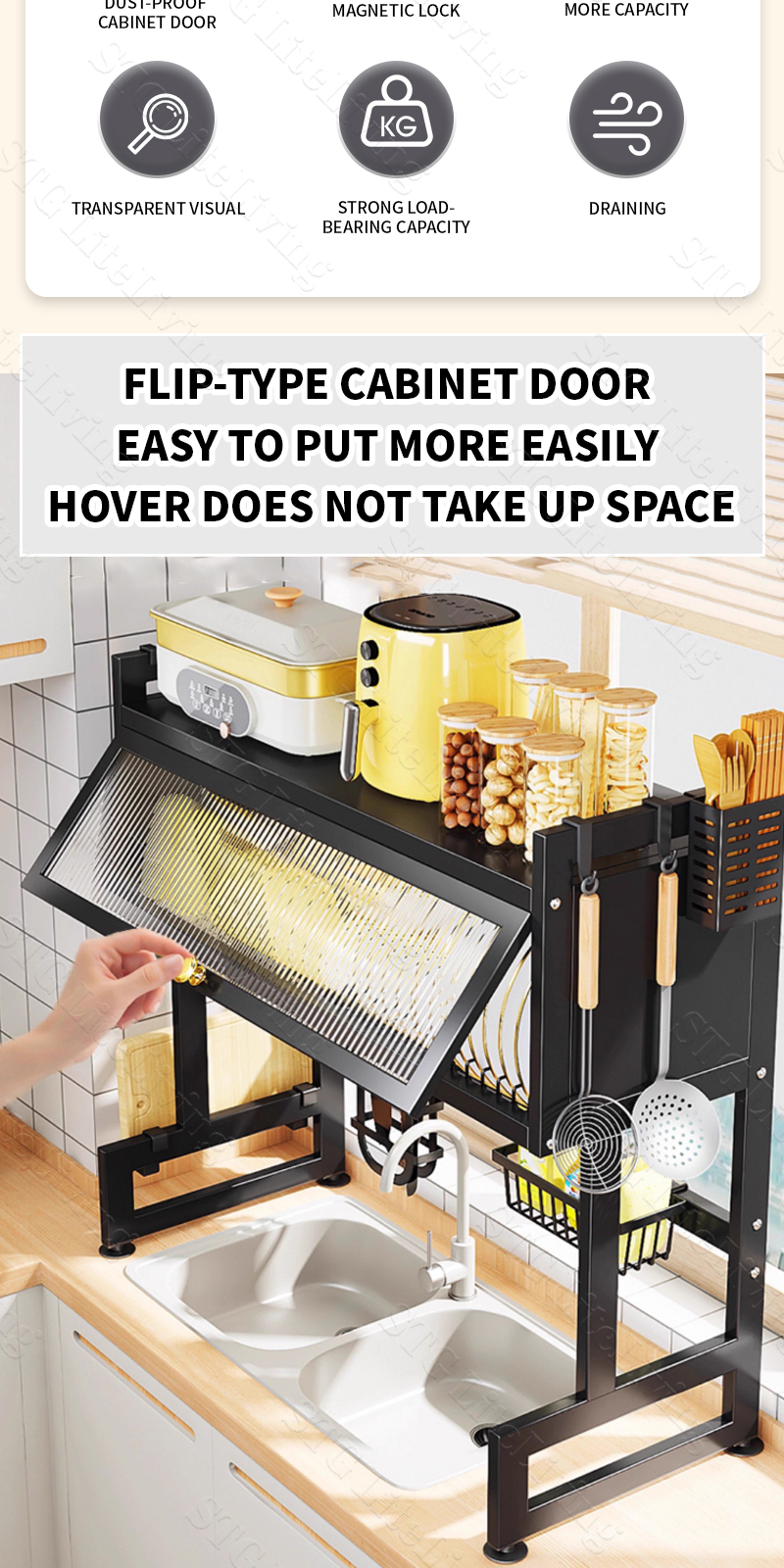 2-Layer Stainless Steel Tableware Rack with Lid 65/75/85/95/105cm Cross ...