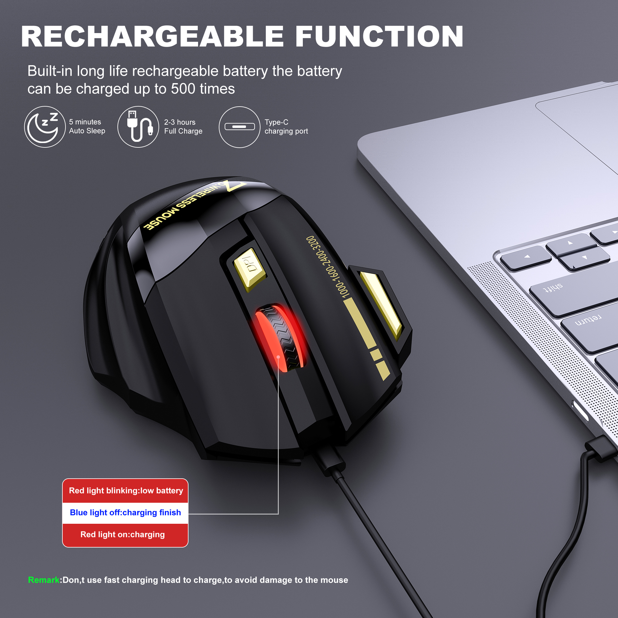 7D Wireless Gaming Mouse RGB Lighting 4 DPI Levels Esports + 500 Cycles ...