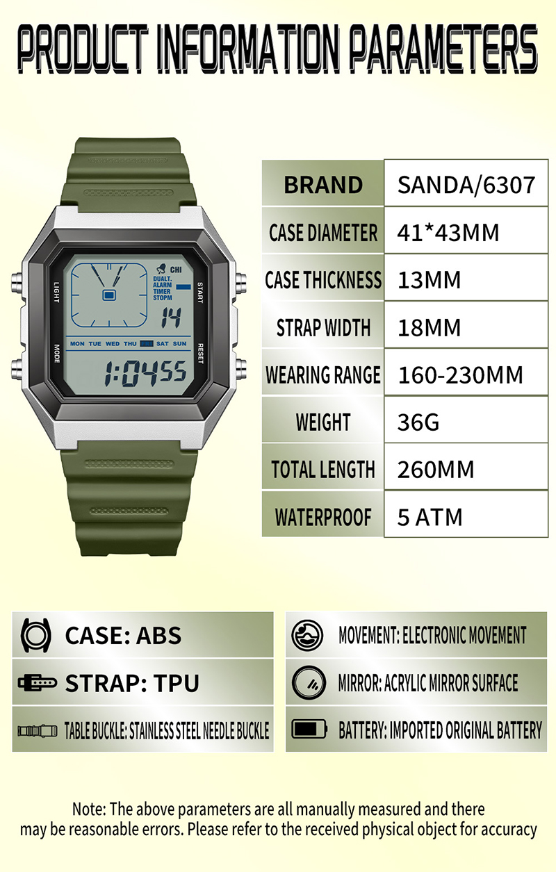 SANDA 6307 Modern Retro Digital Men's Watch Dual Time Display ...