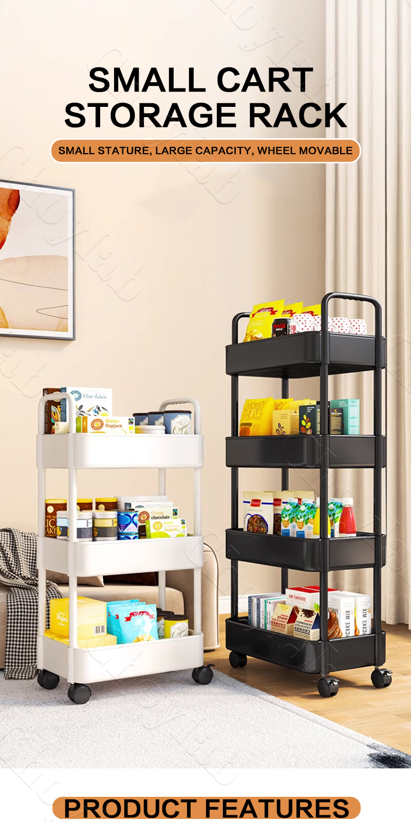 Multifunction 3/4/5-Tier Rolling Trolley Cart Kitchen Rack Movable ...