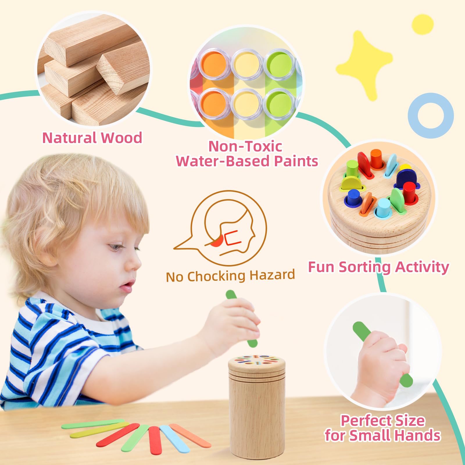 Wooden Montessori Color Sorting Toy Ice Cream Stick Round Rod 2-In-1 ...