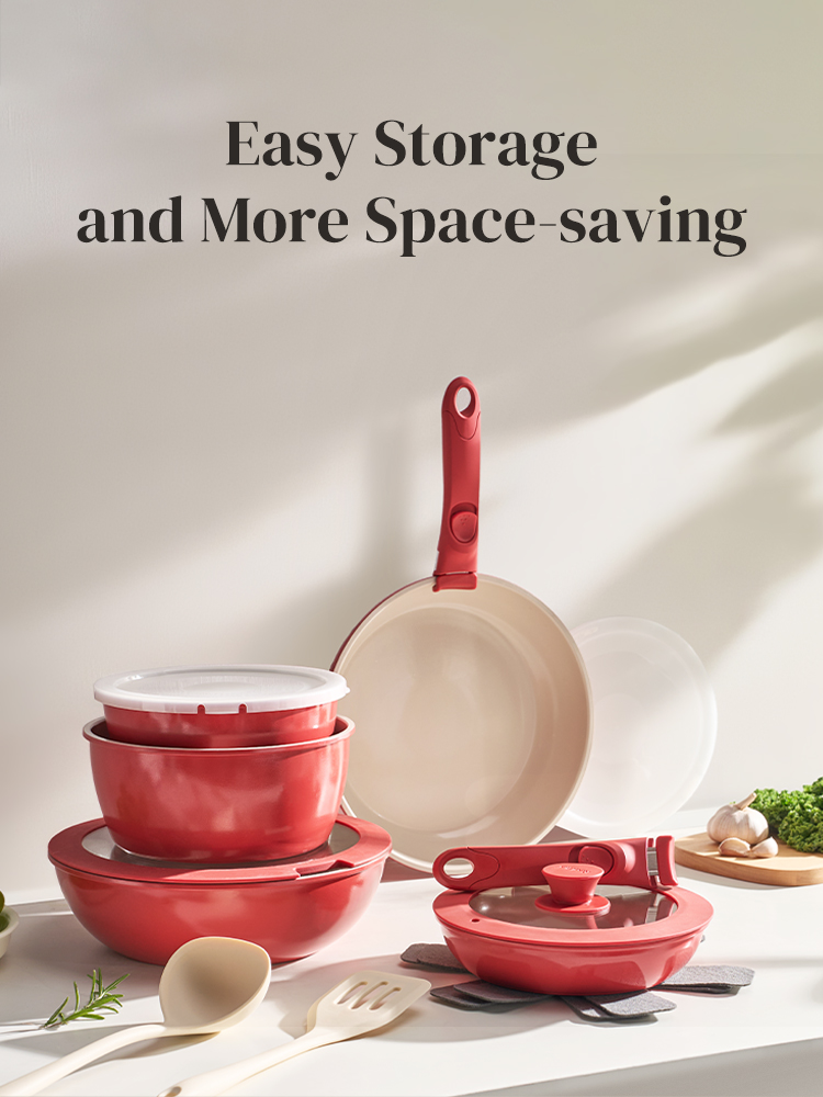 Redchef Nonstick Ceramic Rock Red Cookware Set Handle Removable (16Pcs ...