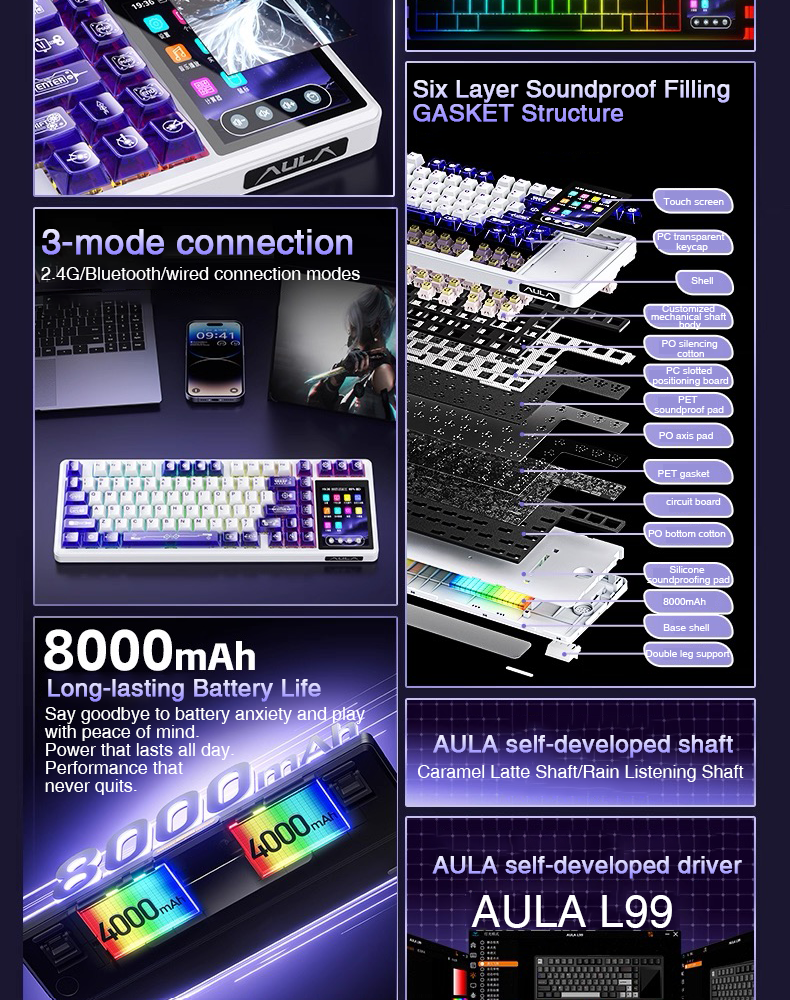AULA L99 Smart Display Mechanical Keyboard Tri-Mode Touch Control ...