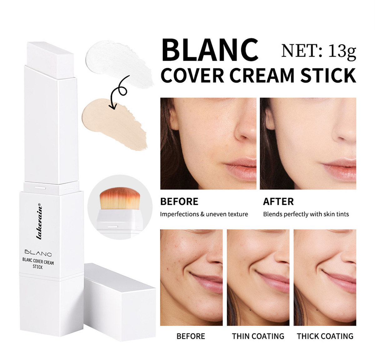 Lakerain Blanc Cover Cream Stick,2-In-1 Dual Head Cover Cream With ...