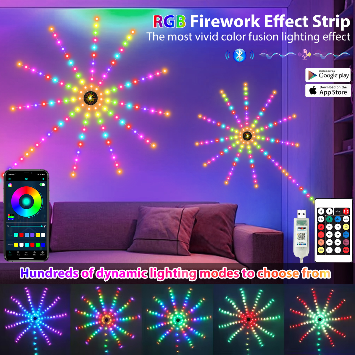 Smart LED Firework Lights - 5050 RGB Strip, Music Sync, Dream Color ...