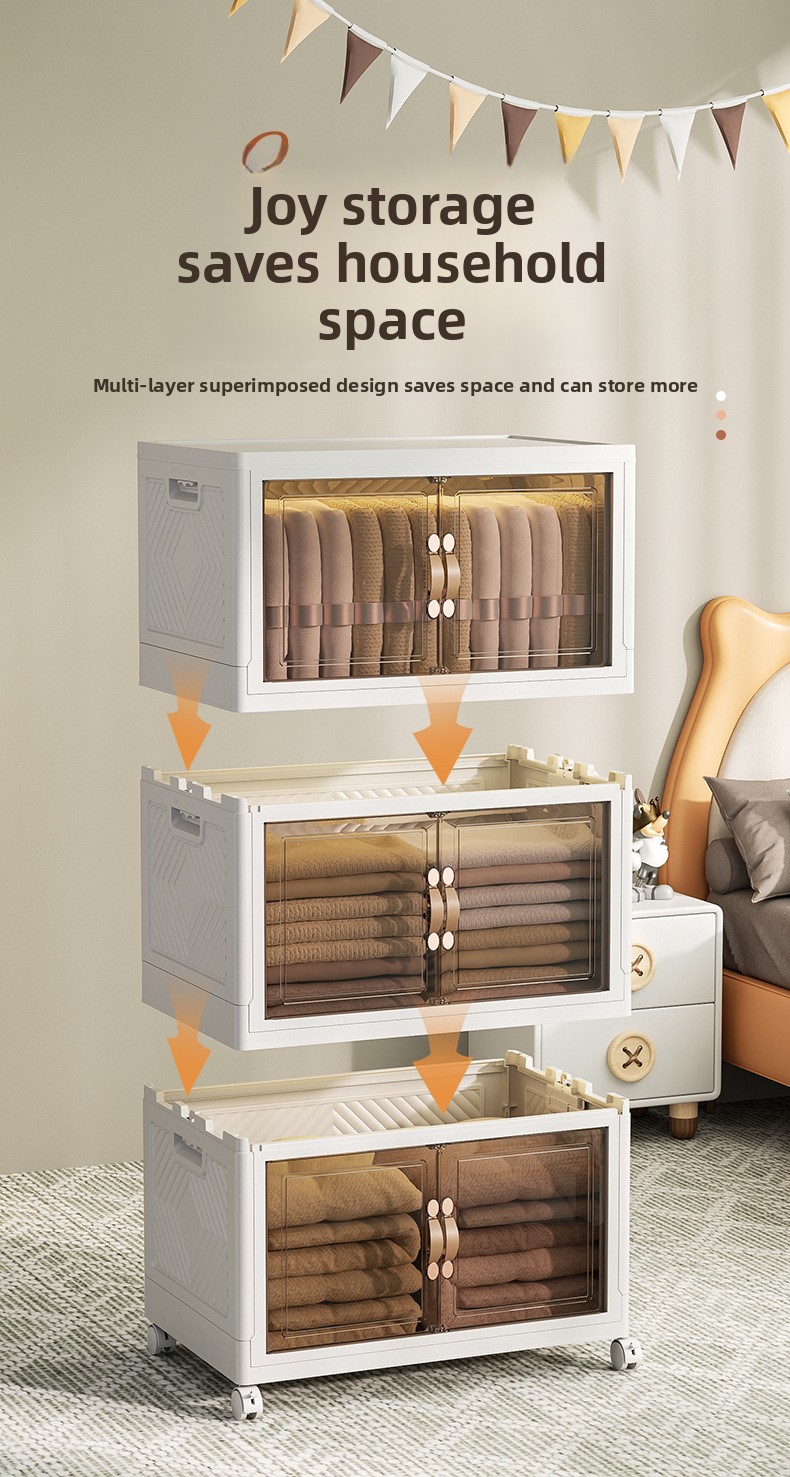 3/5 Layers Foldable Storage Cabinet with Wheels 2 Doors Storage Box ...