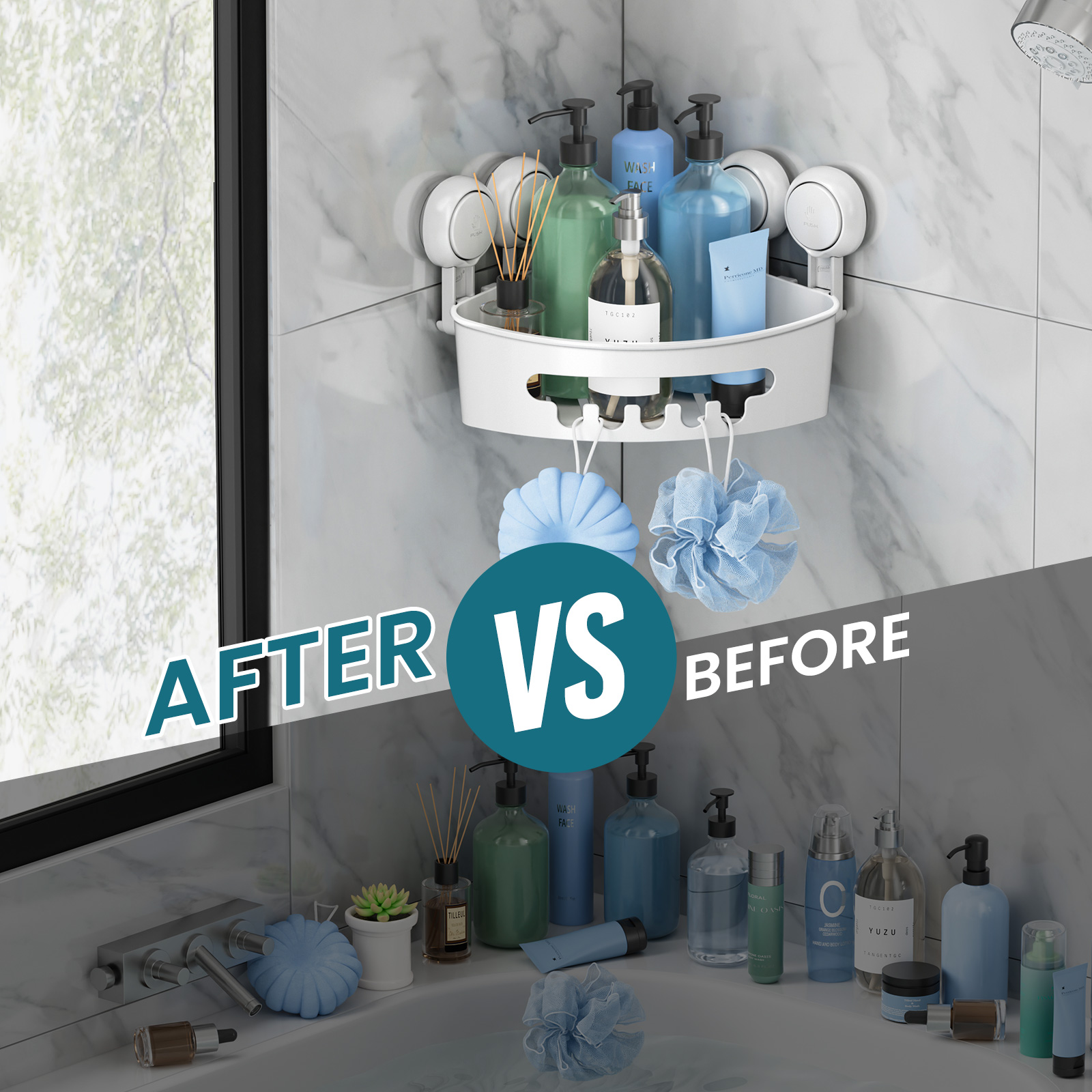 TAILI Triangular Shower Caddy Suction Cup Corner Bath Rack Bathroom ...