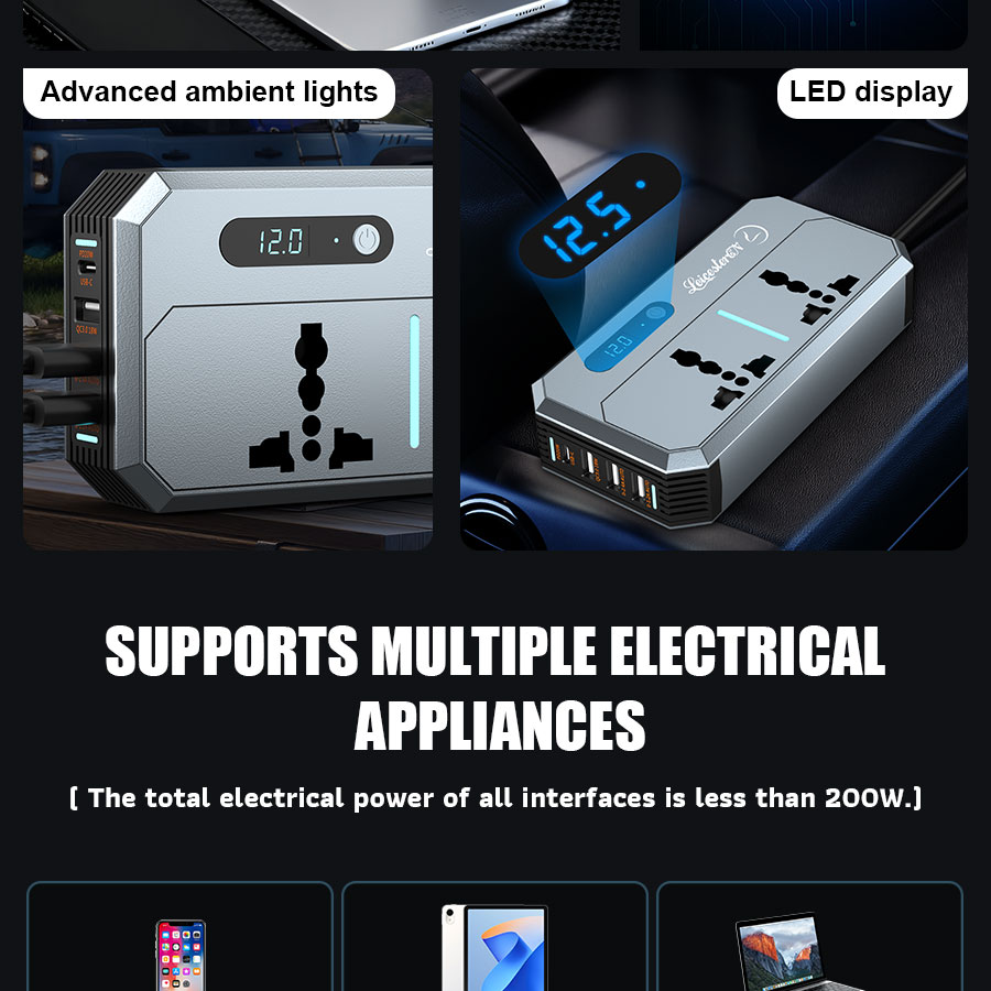 200W Car Inverter DC 12V/24V to AC 220V Power Inverters with PD 30W ...