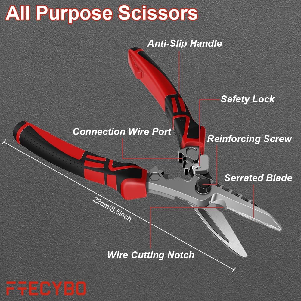 One Piece Utility Scissors Heavy Duty 8.5'', Sharp Tin Snips for Sheet ...