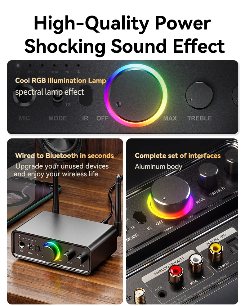 RGB Bluetooth 5.3 Audio Transmitter Receiver Microphone 3.5MM AUX/RCA ...