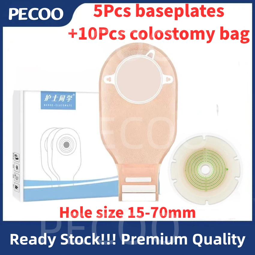 Two-piece Ostomy Set 10pcs Colostomy Bag+5pc Baseplate Hole size15-70mm ...