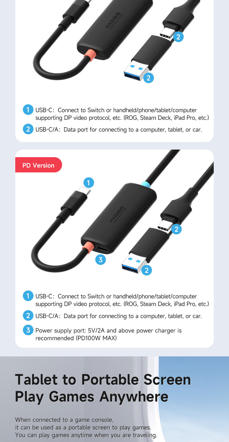 Hagibis USB3.0 Video Capture Card With 100W PD USB C to USB A/USB C ...
