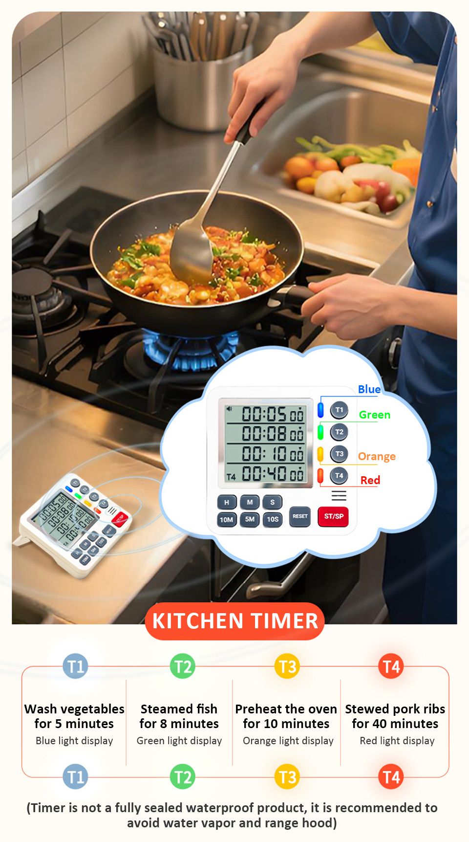 4 Channels Kitchen Timer Count UP/Down Timer 4 Sets of Lights Digital ...