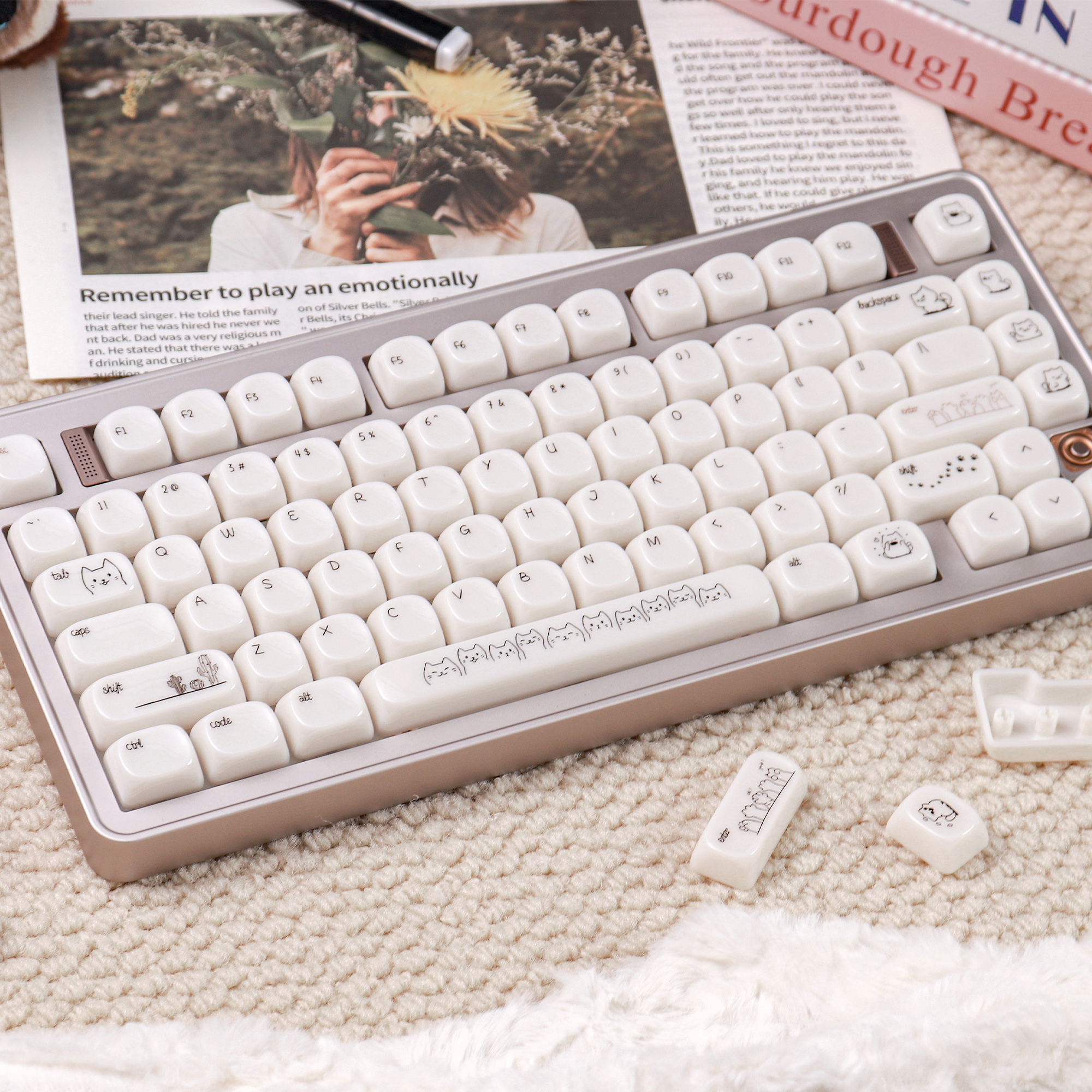 Minimalist Kitty white Glossy Keycaps MOA profile Ceramic texture Round ...