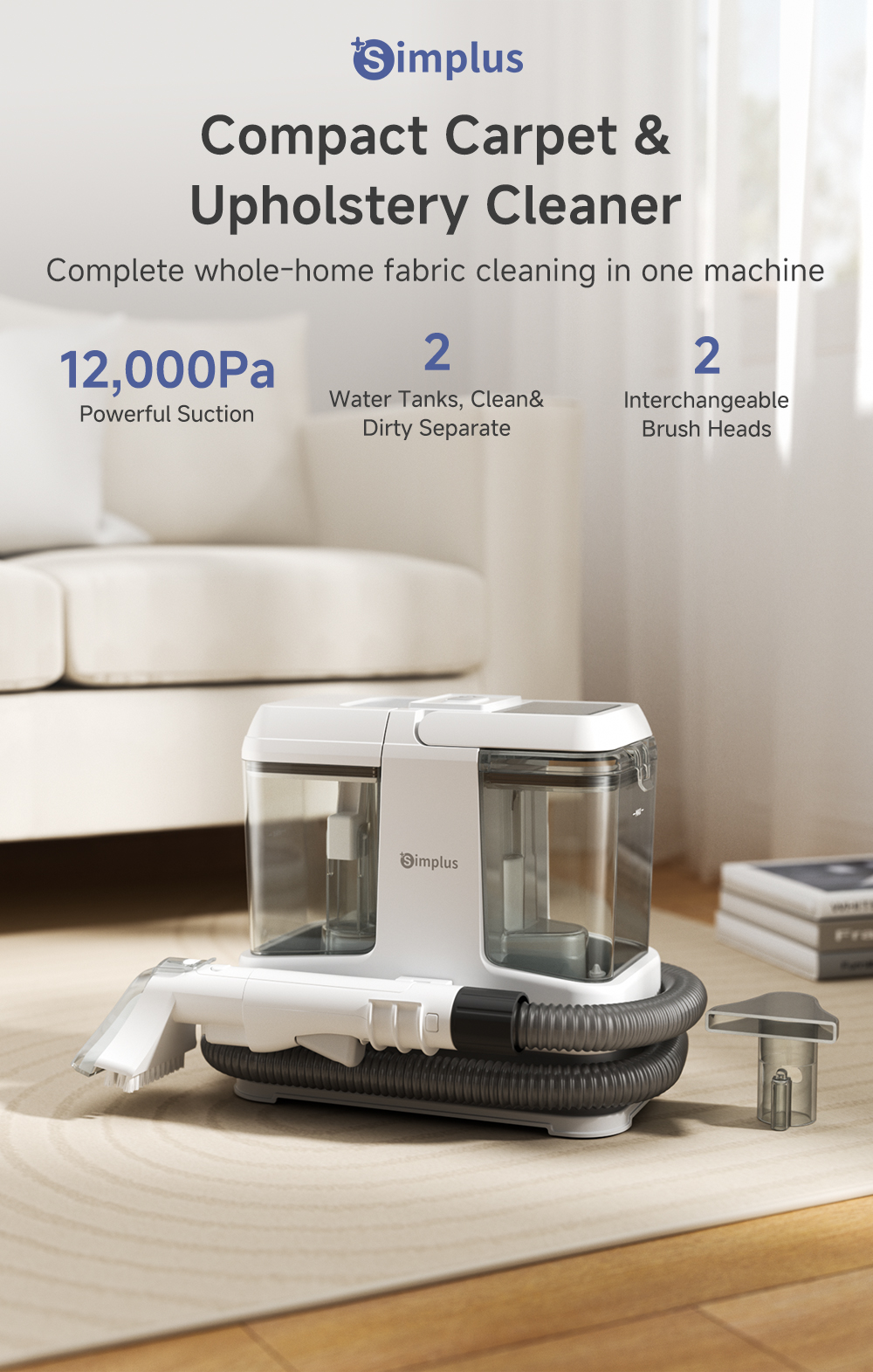 Simplus Spot & Fabric Cleaner | 12,000Pa Suction | 60℃ Hot Water | 2 ...