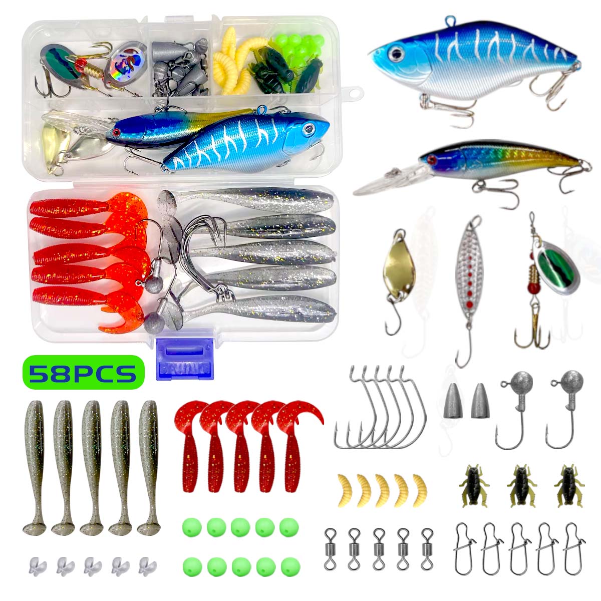 Fishing Bait Set 58/124-Piece , Including Biomimetic Soft Crank Hook ...