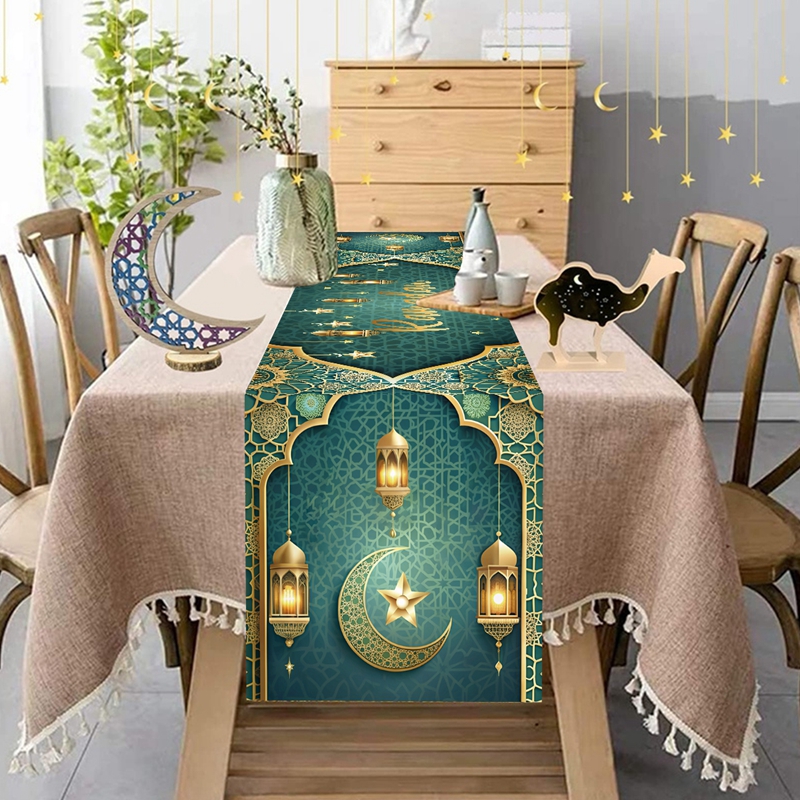 180*35Cm Ramadan Kareem Table Runner Gold Blue Banner Raya Decoration ...