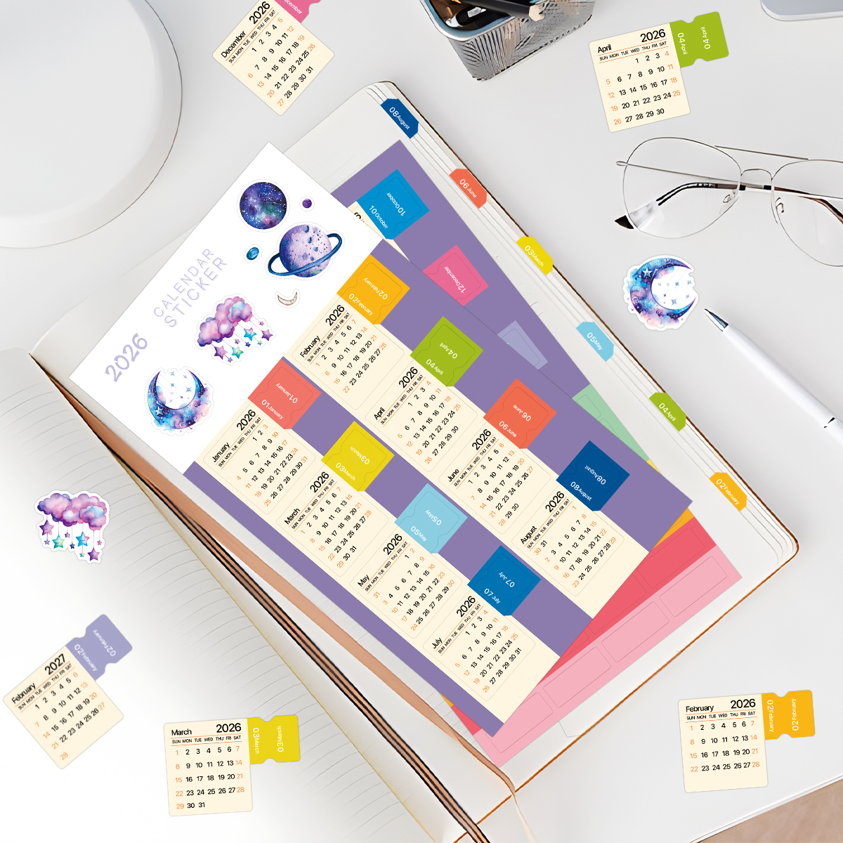 2026 Mini Calendar Stickers with Cute Cat Design,2 Sheets Monthly Index ...