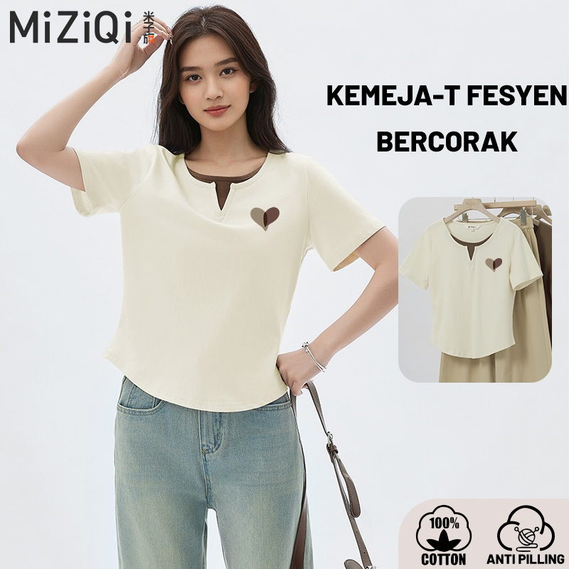Miziqi Baju T Shirt Perempuan Cantik Plus Size Two Layer False Two ...
