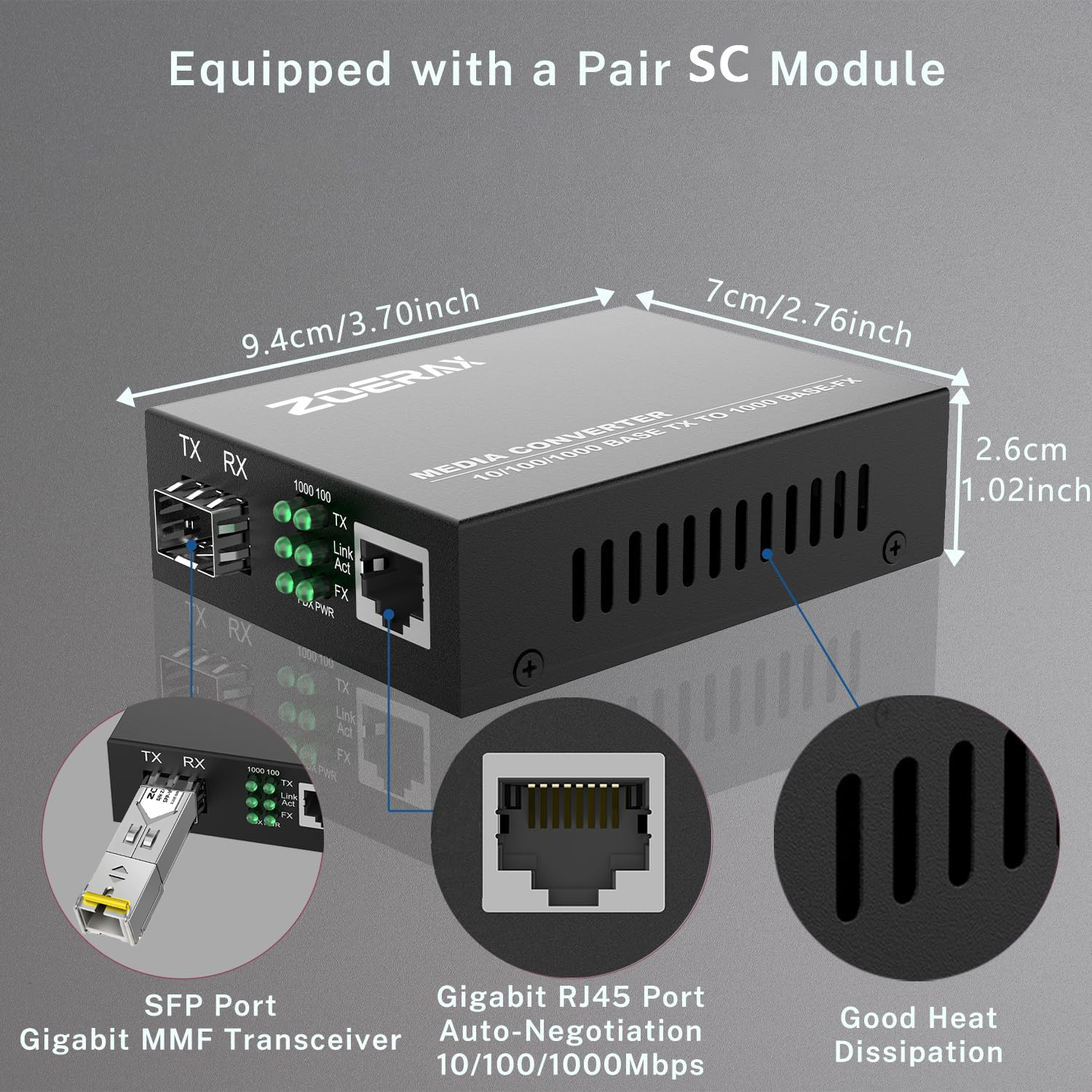 ZoeRax Fiber to RJ45 Media Converter 1.25G Gigabit Ethernet for CCTV ...