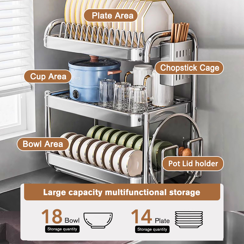 Cambond 304 Stainless Steel Kitchen Dish Rack 2/3 Tiers Dish Drainer ...