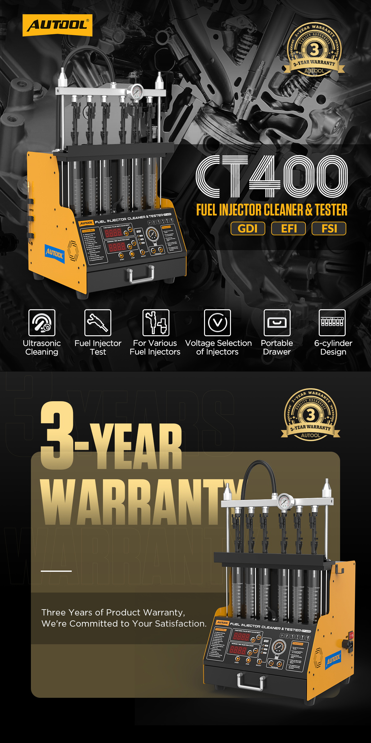 AUTOOL CT400 GDI Fuel Injector Cleaner & Tester Machine 6 Cylinders for ...