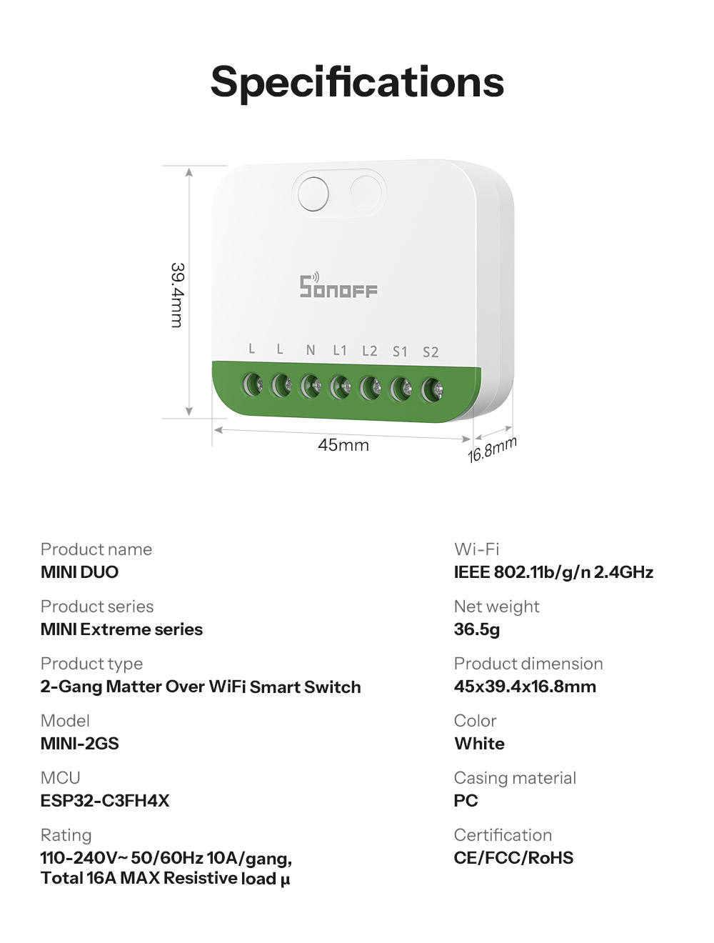 SONOFF MINI-2GS MINI DUO 2-Gang Matter Over WiFi Smart Switch Dual Load ...