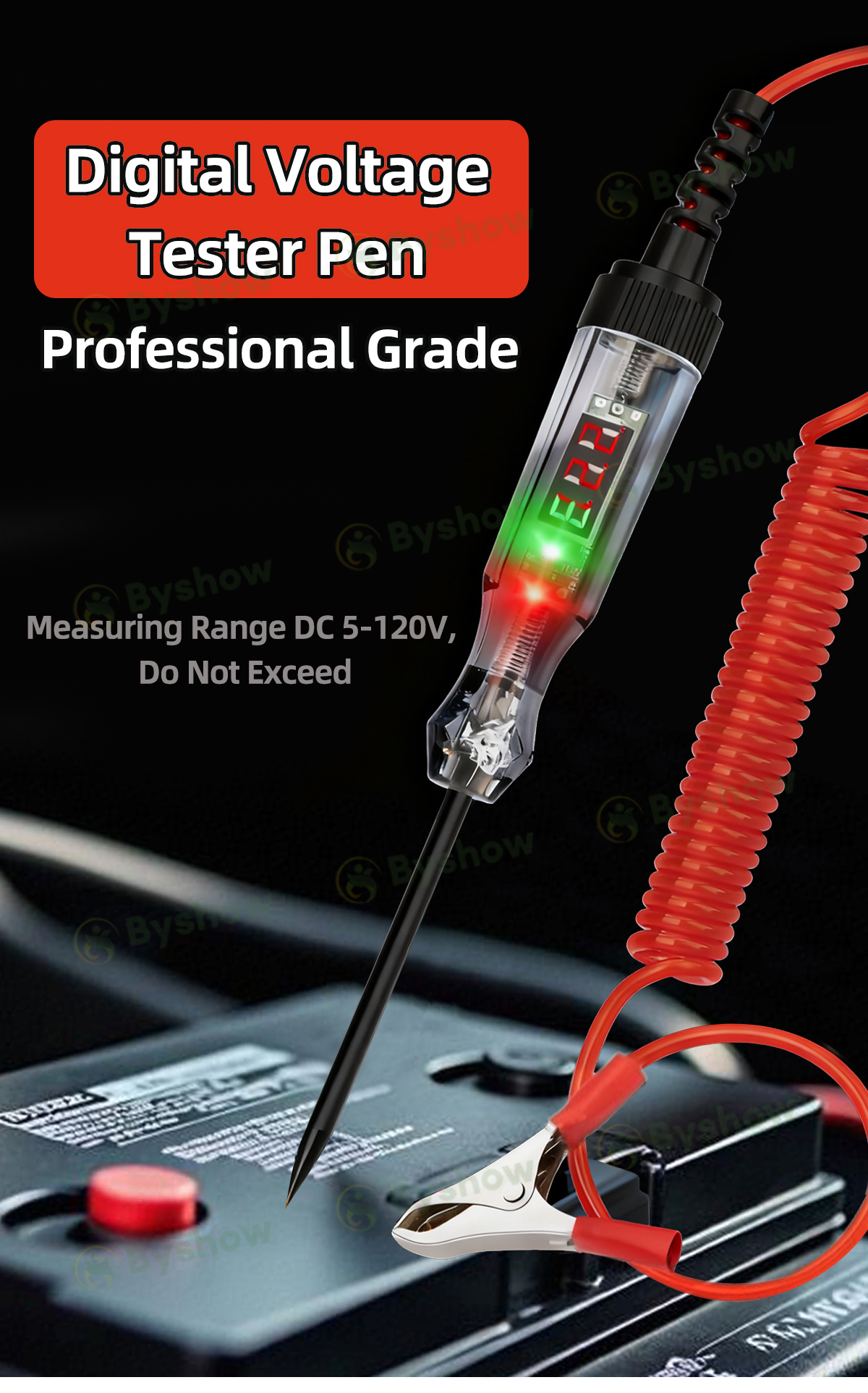 Byshow Pen Ujian Voltan Litar Kereta DC Paparan Digital 5-120V DC Car ...