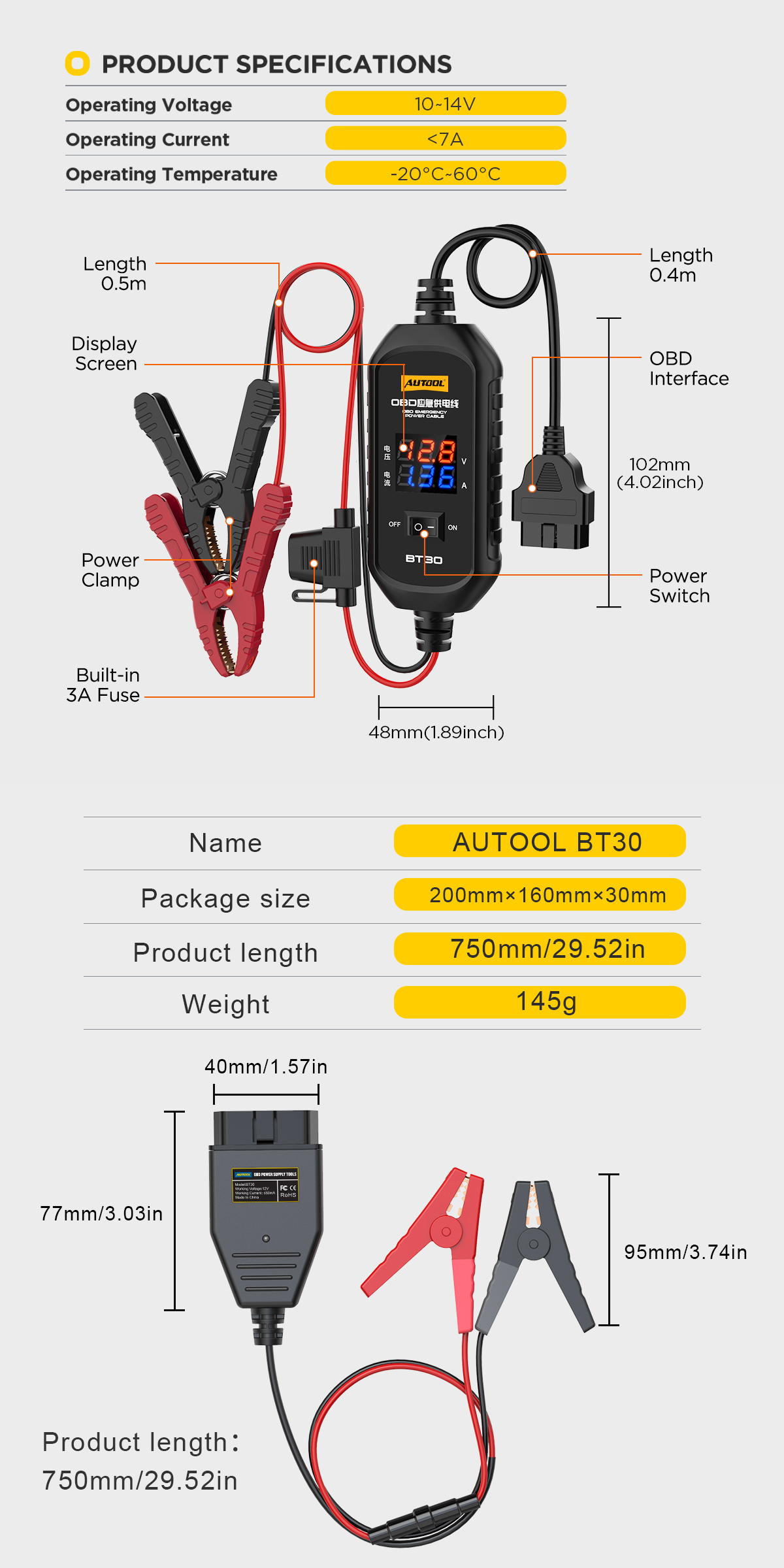 AUTOOL BT30 ECU Power Cable Adapter OBD2 16Pin ECU Emergency Power ...