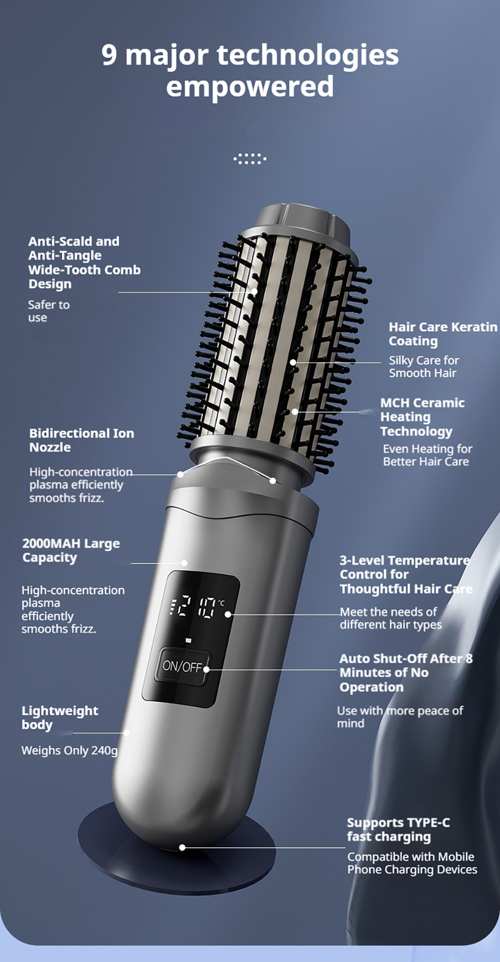 Wireless straight hair comb with three levels of constant temperature ...