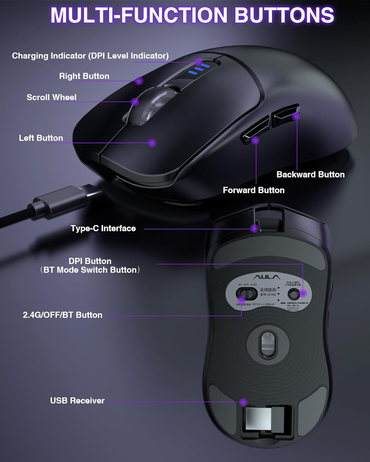 AULA SC580X Tri-Mode Gaming Mouse with 12000DPI, Rechargeable Battery ...
