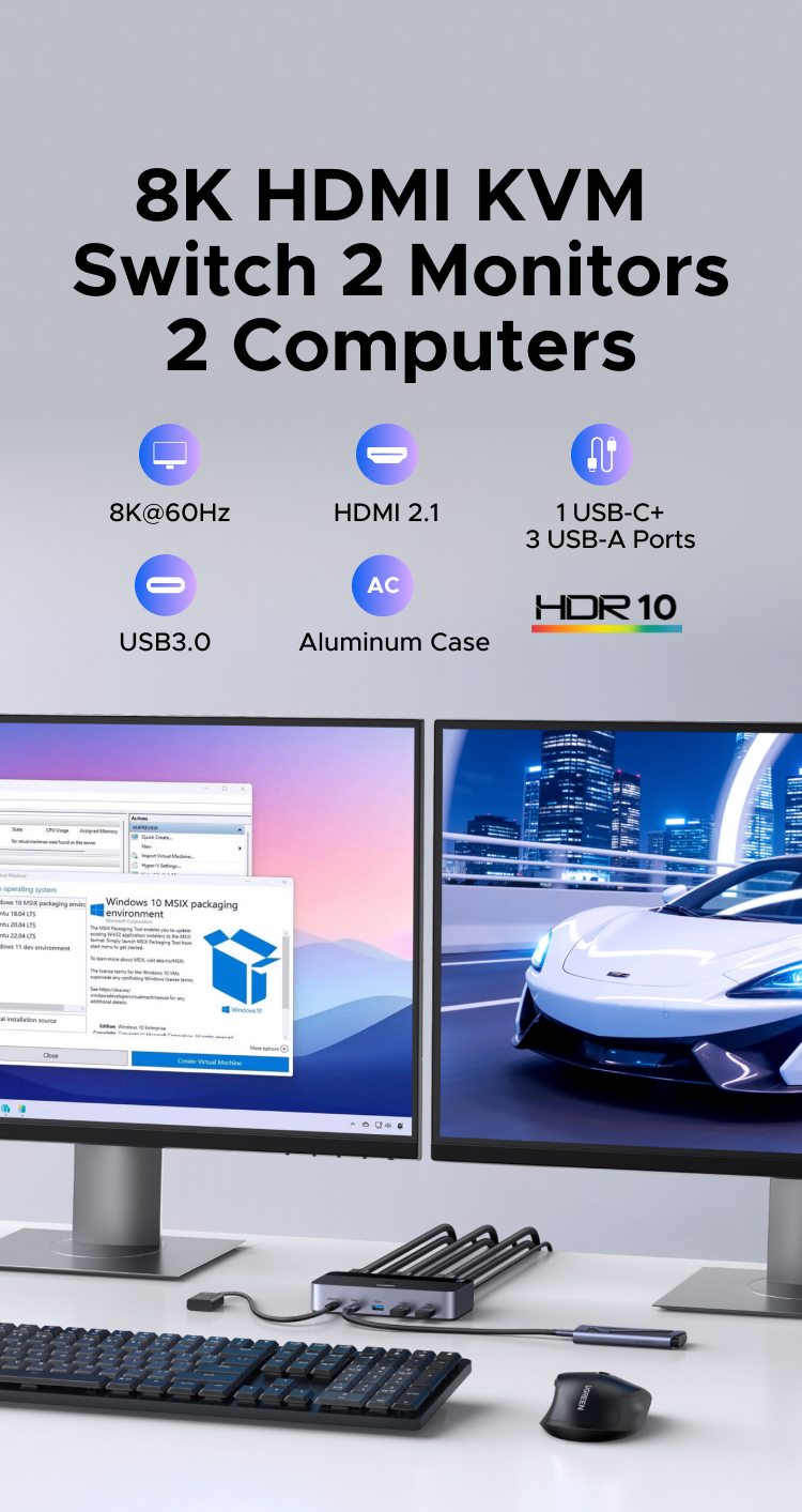 UGREEN 8K@60Hz Dual HDMI 2.1 KVM Switch Ultra HD USB 3.0 Dual-Monitor ...