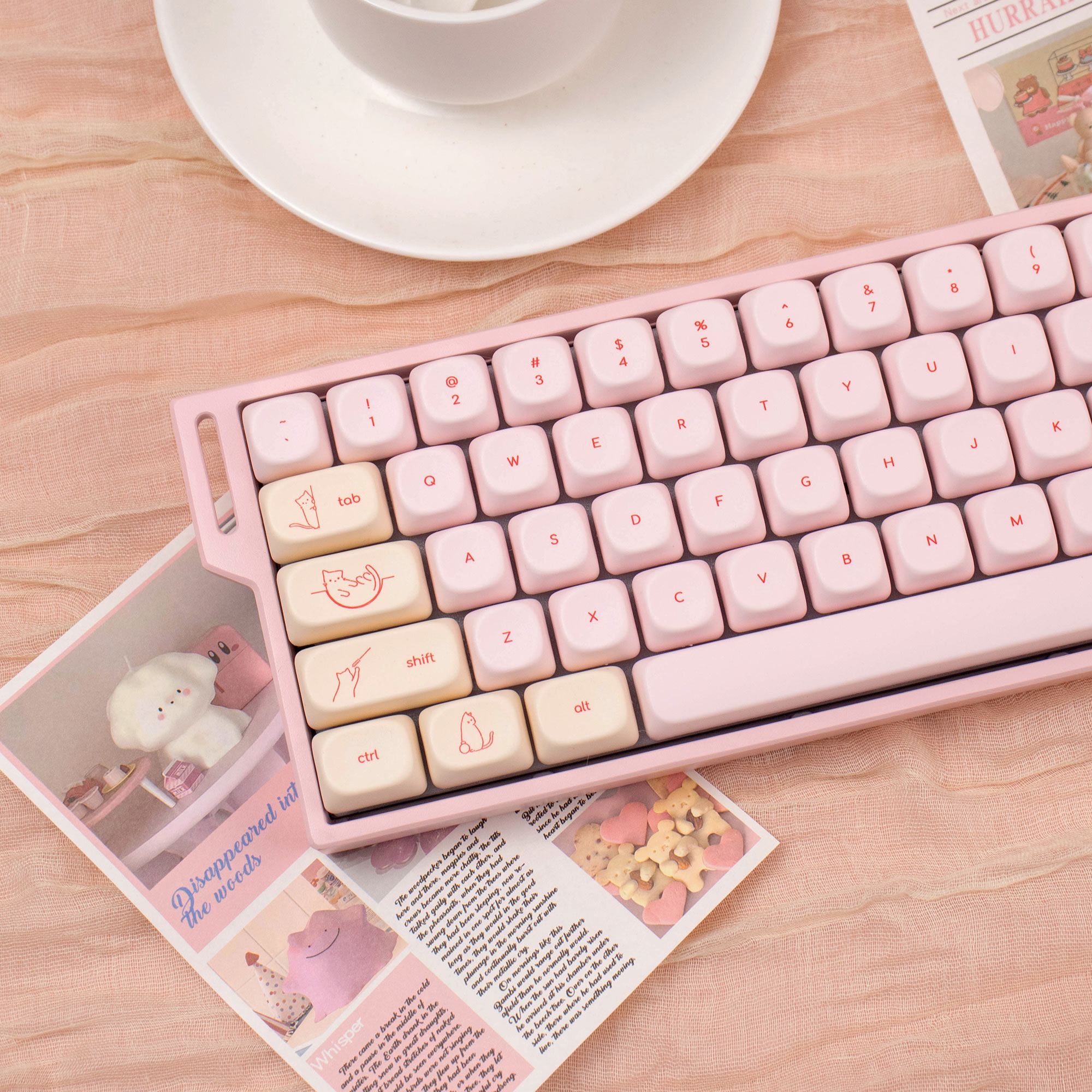 Pink Kitty Keycaps Cute cat cartoon PBT MOA profile Round keycap set ...
