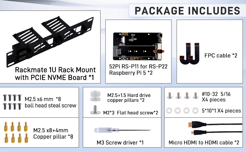 DeskPi Rackmate 10-inch 1U Rack Mount with 2 PCIE NVME Boards for ...