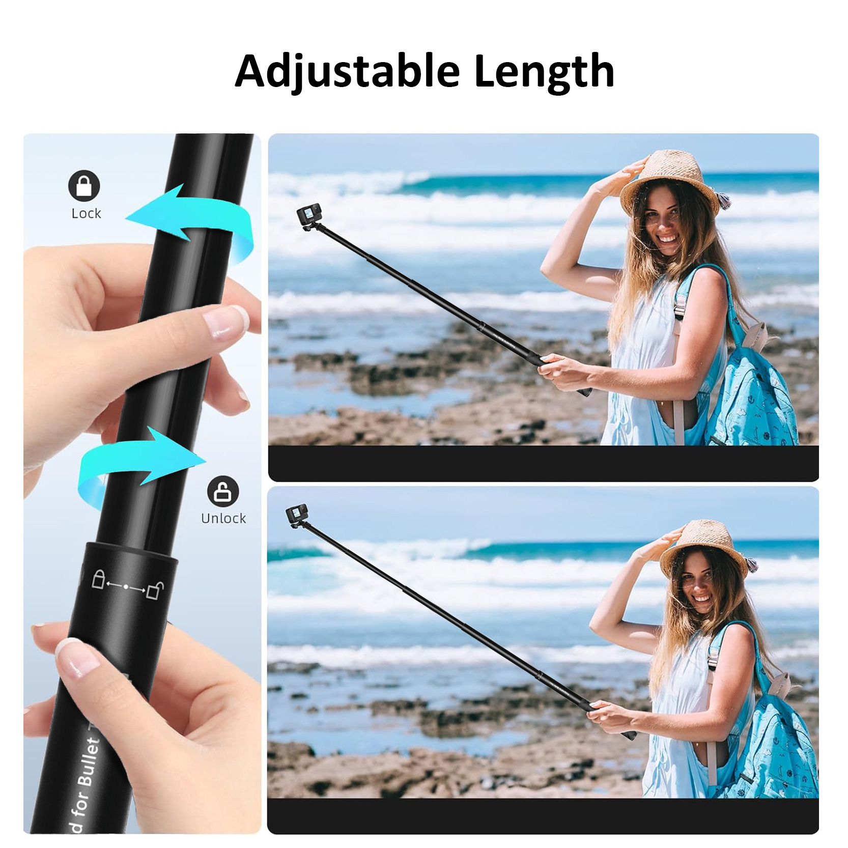 1.1m / 2m / 3m Invisible Selfie Stick Aluminum Alloy Extension Rod for ...