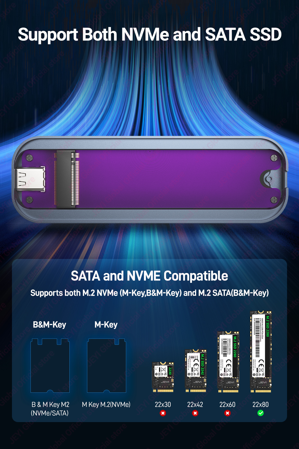 JEYI Visual Smart M.2 NVMe / SATA SSD Enclosure, USB 3.2 Gen 2 10Gbps ...