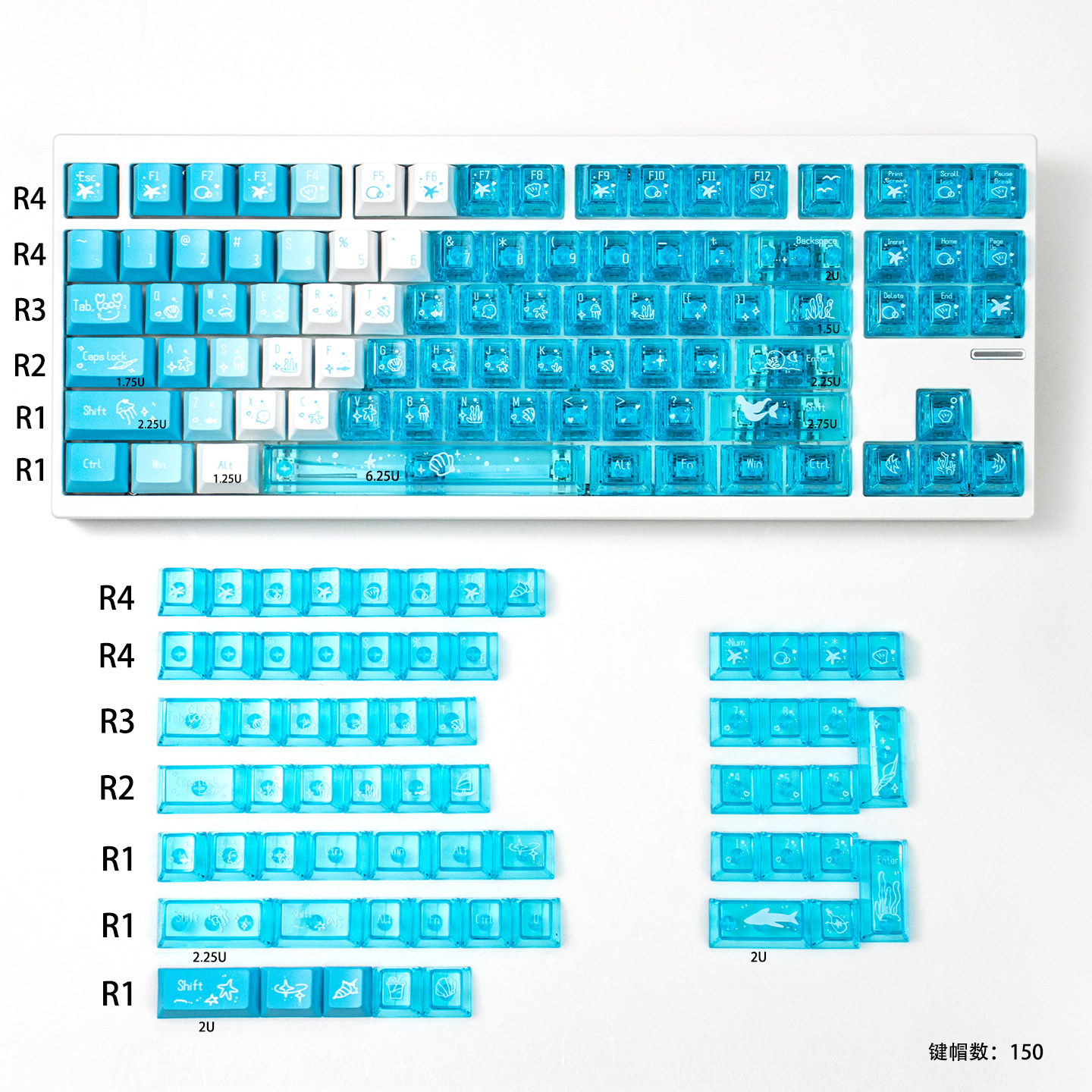 Gradient purple Keycap RGB Transparent cute style PC+PBT keycap set for ...