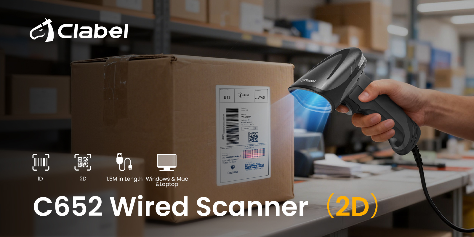 CLABEL 2D/1D USB Barcode Scanner for Store Quick Scan Plug and Play ...