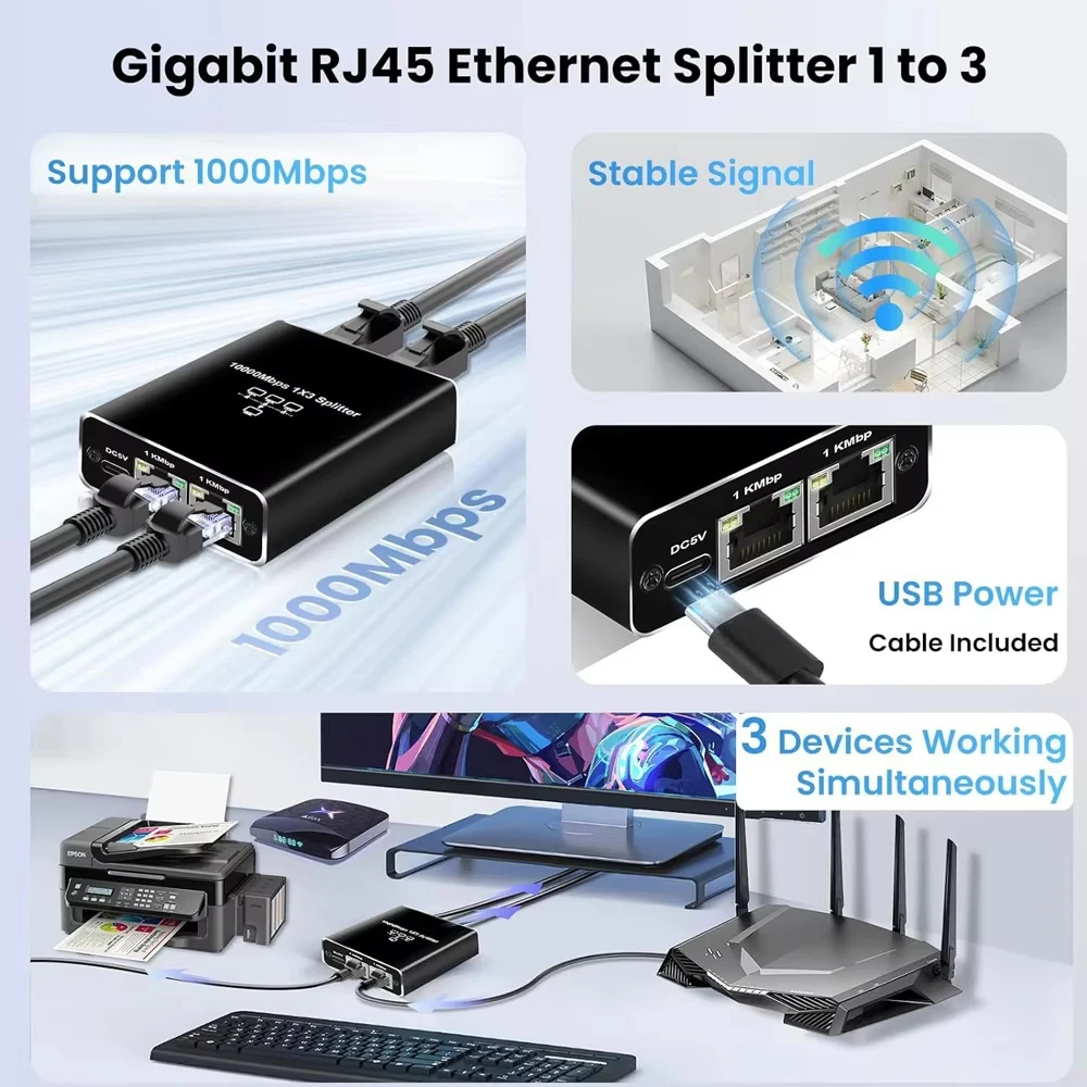 1 to 2/3/4Ports 1000Mbps Gigabit Network Switch Ethernet RJ45 Network ...