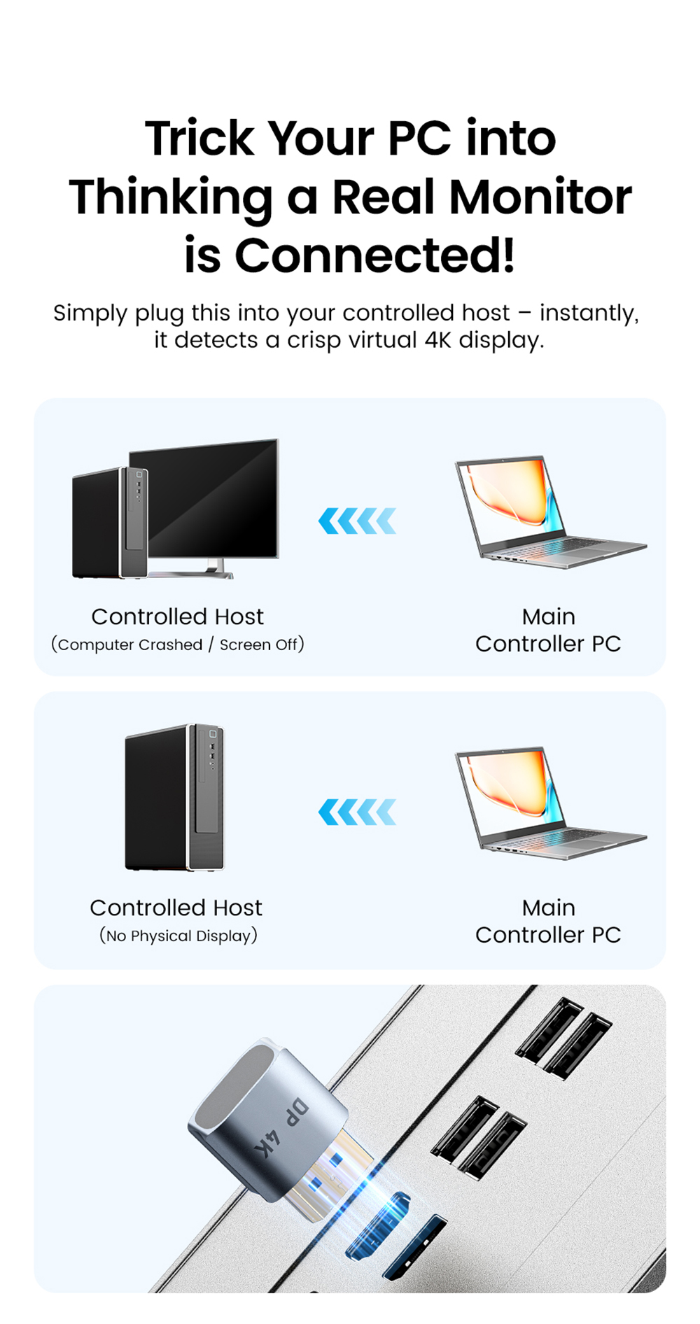 Vention DisplayPort Dummy Plug 4K Custom Resolution Driver-Free Plug ...