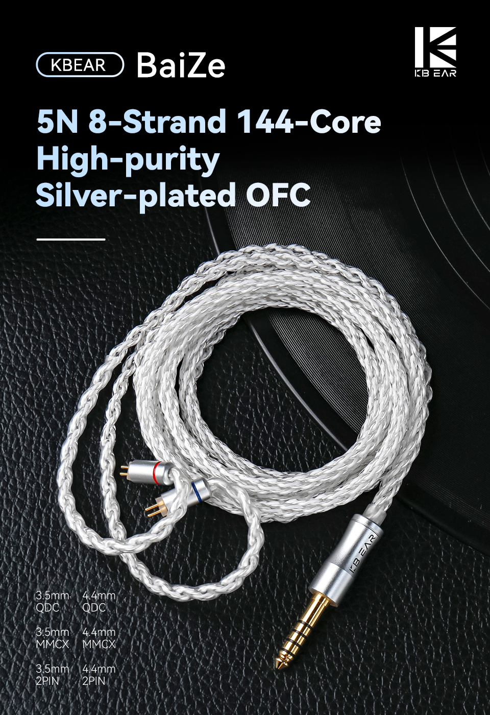 KBEAR Baize IEM Cable with 3.5mm 4.4mm Silver Plated Plug for KZ ZS10 ...